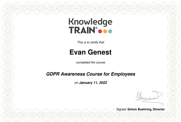 Certificate of Course Completion at Knowledge Train: GDPR Awareness Course